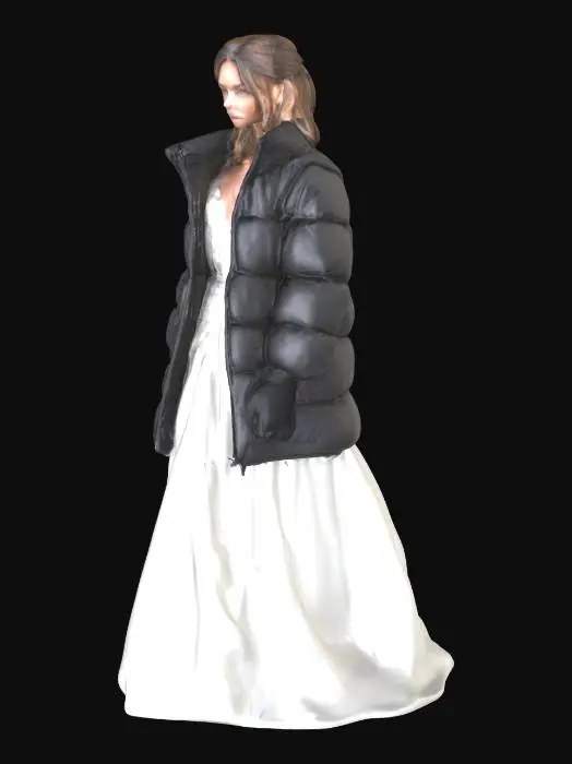 3D model for  female in white wedding dress with  black down black thick puffy puffer jacket overlapping layered with black gloves,