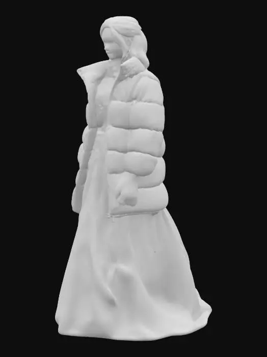 3D model for  female in white wedding dress with  black down black thick puffy puffer jacket overlapping layered with black gloves,