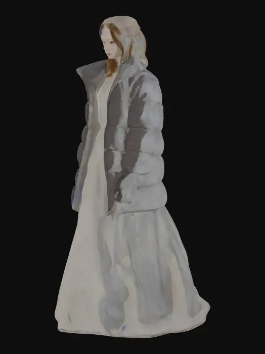 3D model for  female in white wedding dress with  black down black thick puffy puffer jacket overlapping layered with black gloves,