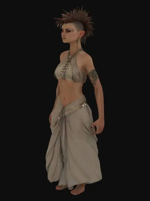 3D model for Ancient Greek goddess mohawk punk female, with tilting back action hauted swagger poses in loose silky   creased chiton, peplos, himation, and chlamys with studded jacket spikes designs