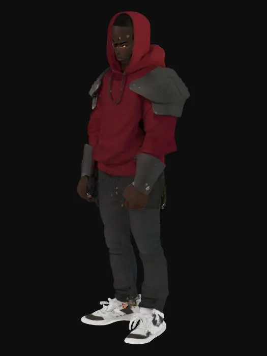 3D model for cartoon anime KAI, a black African teen with a deadpan expression He wears a mix of medieval armor and modern streetwear. His eyes reflect annoyance, and his demeanor exudes a "don't mess with me" vibe. A flicker of fire surrounds him, revealing his unique Fire Aura. rap getsures in castle