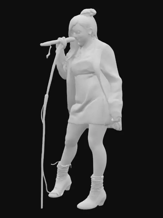 3D model for rap album cover female solo, evil mean expression,microphone stand, holding microphone stand, beatboxing covering her face & mouth double finger gun