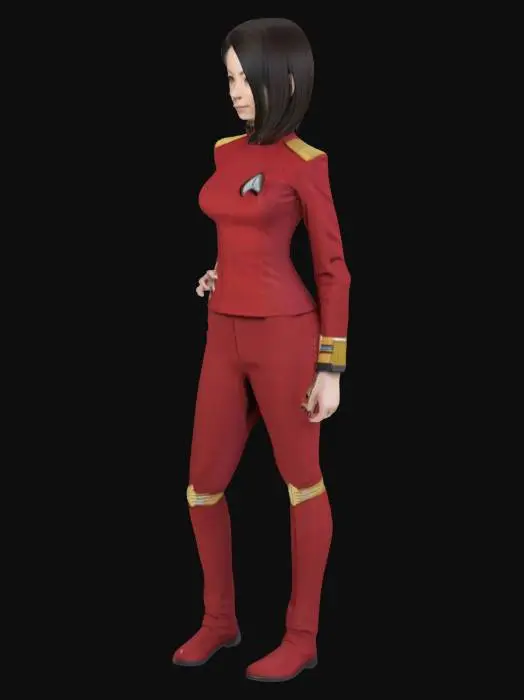 3D model for anime girl in a star trek TNG red captains' uniform  with 3D comm badge with TNG  insignia 