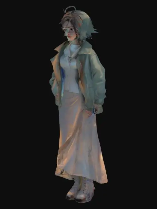 3D model for cel stylised animation female jock bully in baggy jacket overlapping pristine wedding dress 