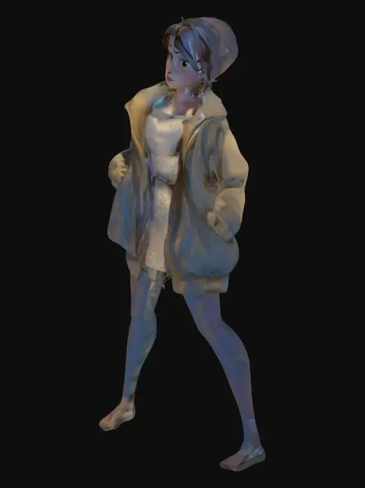3D model for cel stylised animation female jock bully in baggy jacket overlapping pristine wedding dress 