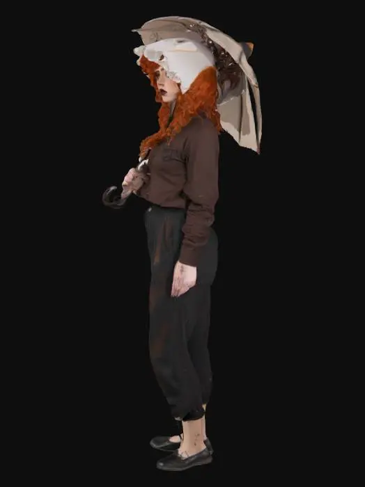 3D model for females evil crude  vibrant lush ginger and freckles cottage bonnet
freckles goth marron lipstick fluffy curls long hair menacing   in 1890s 1898  tracksuit overlap parasol hip hop graffiti sprayed