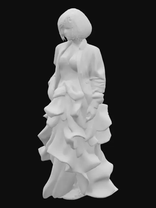 3D model for cel unique stylised animation female jock bully in baggy letterman jacket varsity jacket overlapping pristine puffy wedding dress 