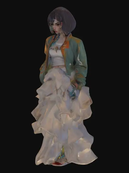 3D model for cel unique stylised animation female jock bully in baggy letterman jacket varsity jacket overlapping pristine puffy wedding dress 