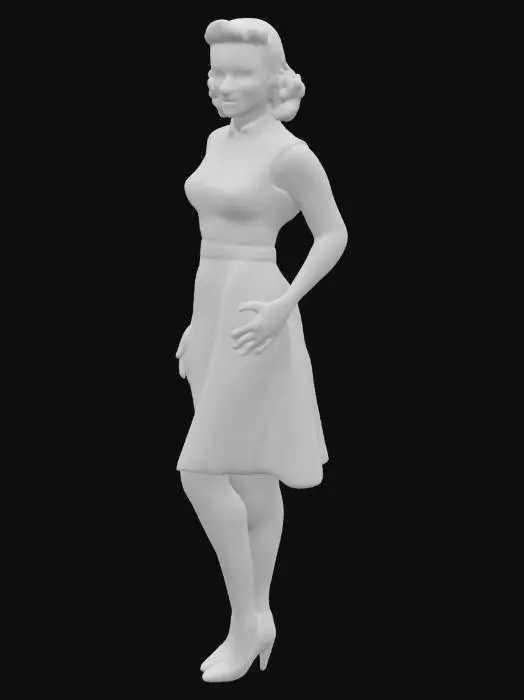 3D model for A female dressed in a sophisticated 1940s-inspired one piece elegantly graceful outfit, stands amidst a meticulously curated 1940s-style graffiti texture to the dress
