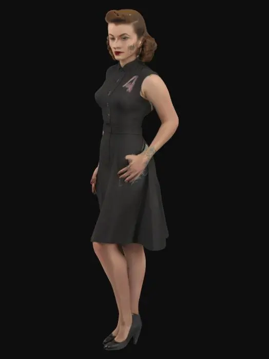 3D model for A female dressed in a sophisticated 1940s-inspired one piece elegantly graceful outfit, stands amidst a meticulously curated 1940s-style graffiti texture to the dress