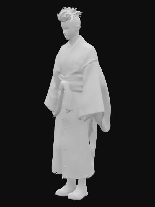 3D model for punk Japanese pale Oshiroi white  makeup powder Geshia female  vibrant lush multicolour dyed wavy buzzcut hair and freckles menacing in studded  white  studded -dyed cotton yukata robe