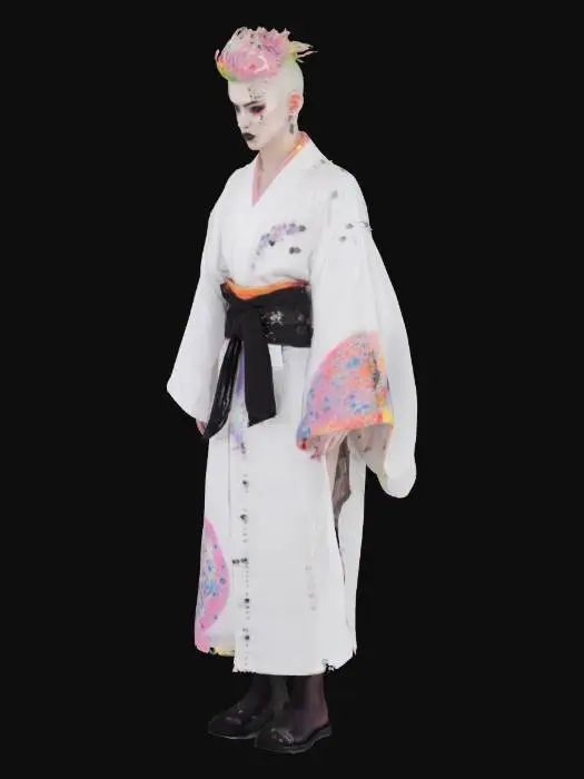 3D model for punk Japanese pale Oshiroi white  makeup powder Geshia female  vibrant lush multicolour dyed wavy buzzcut hair and freckles menacing in studded  white  studded -dyed cotton yukata robe
