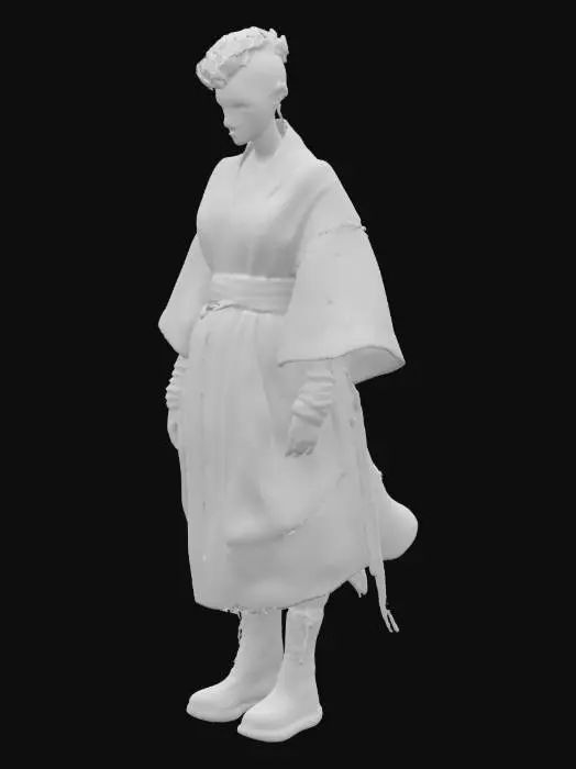 3D model for punk Japanese pale Oshiroi white  makeup powder Geshia female  vibrant lush multicolour dyed wavy buzzcut hair and freckles menacing in studded  black  leather studded -dyed cotton yukata robe