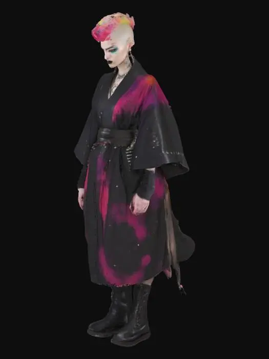 3D model for punk Japanese pale Oshiroi white  makeup powder Geshia female  vibrant lush multicolour dyed wavy buzzcut hair and freckles menacing in studded  black  leather studded -dyed cotton yukata robe