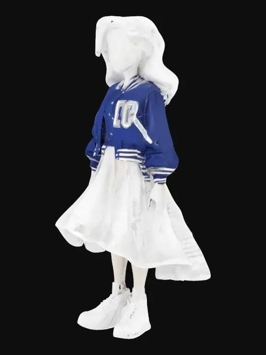 3D model for cel stylised animation female jock bully in baggy letterman jacket varsity jacket overlapping pristine puffy wedding dress 