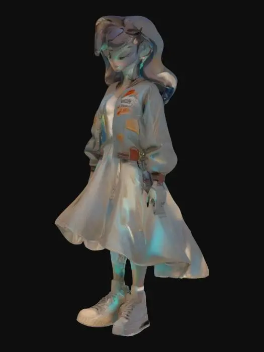 3D model for cel stylised animation female jock bully in baggy letterman jacket varsity jacket overlapping pristine puffy wedding dress 