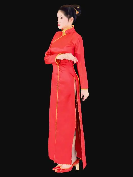 3D model for chiniese lady in Double bun, bun cover red cheongsam with yellow piping outfit and hairpin  rap deictic motions