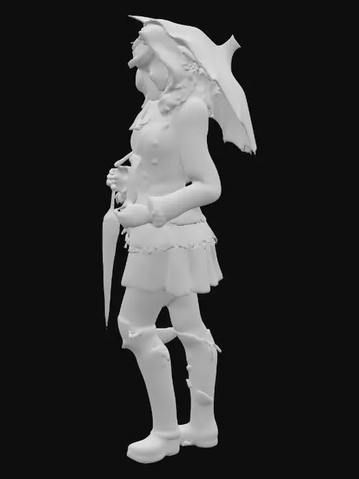 3D model for furious punk  passionate 1919s rebel freak female vibrant lush multicolour dyed wavy hair and freckles cottage bonnet cocked crude snarl  long hair menacing in All that lace, ribbon, bows, fringe, pleated trim, ruffles, frill with parasol  with stud jacket  crude