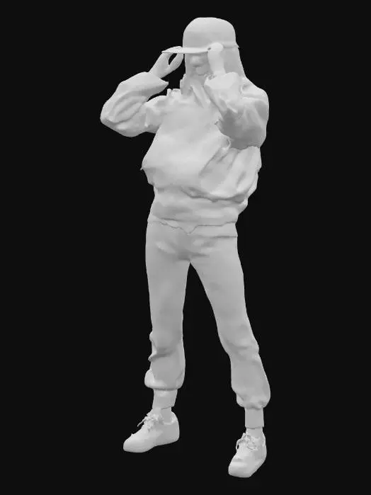 3D model for fullbody female in tracksuit oversized attire , her hands quickly moving the cap down and pulling it low over her forehead. She then moves her body, shifting her position to mimic the stereotypical hip-hop-style pose where you look forward, slightly downwards, with the cap pulled low.