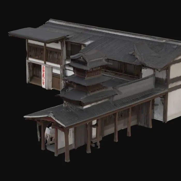 3D model for an environment of Japanese architecture mixed with hip hop rap ghetto Edo period courtyard minkas & pagodas