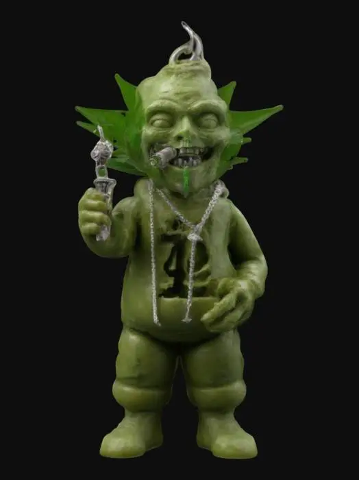 3D model for una cima di marijuana umanoide  tiene tra i denti una collana con pendente"420" e nella mano sinistra tiene un blunt