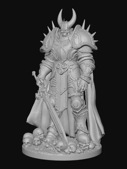 3D model for A 75mm scale tabletop miniature of a hulking Death Knight Lord standing on a large, circular base covered in skulls and debris.

The Armor: He wears massive, jagged plate armor with oversized blocky pauldrons and a spiked greathelm. The armor is thick and segmented. Structure: A heavy, tattered cape drags on the ground behind him, forming a solid support wall for the figure to prevent tipping. Pose: Wide, imposing stance. He holds a colossal executioner's greatsword with both hands; the tip of the thick blade rests firmly on the base between his feet, anchoring the model. Style: Monolithic, chunky details, deep relief for painting, watertight mesh, solid geometry, no floating parts.