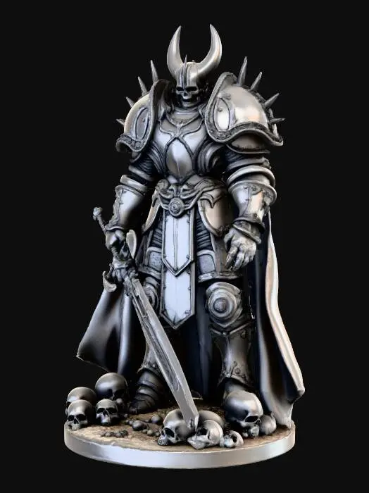 3D model for A 75mm scale tabletop miniature of a hulking Death Knight Lord standing on a large, circular base covered in skulls and debris.

The Armor: He wears massive, jagged plate armor with oversized blocky pauldrons and a spiked greathelm. The armor is thick and segmented. Structure: A heavy, tattered cape drags on the ground behind him, forming a solid support wall for the figure to prevent tipping. Pose: Wide, imposing stance. He holds a colossal executioner's greatsword with both hands; the tip of the thick blade rests firmly on the base between his feet, anchoring the model. Style: Monolithic, chunky details, deep relief for painting, watertight mesh, solid geometry, no floating parts.