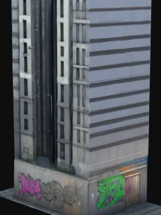 3D model for 8k high definition, high resolution, game ready, city street, urban buildings, street lamps, graffiti covered walls in side alleys