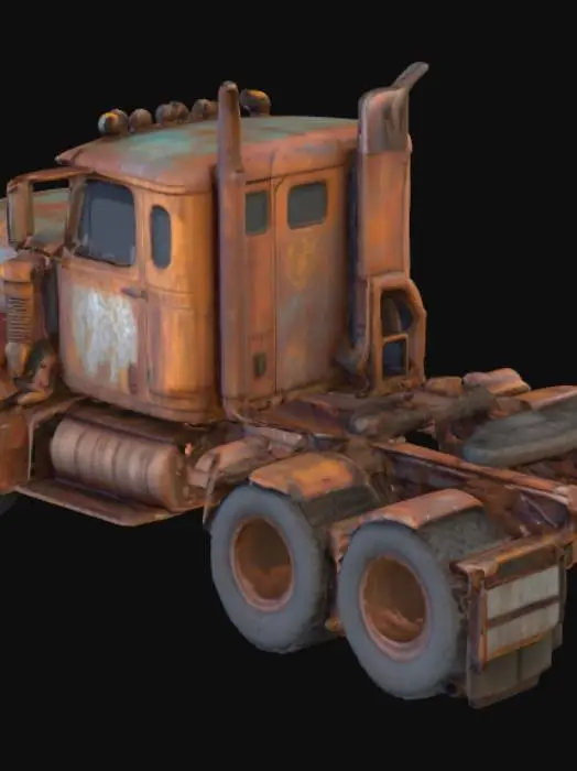 3D model for 8k, high resolution, game ready, post apocalyptic scrap built heavy armored rusted semi cab with a ram bar bumper 