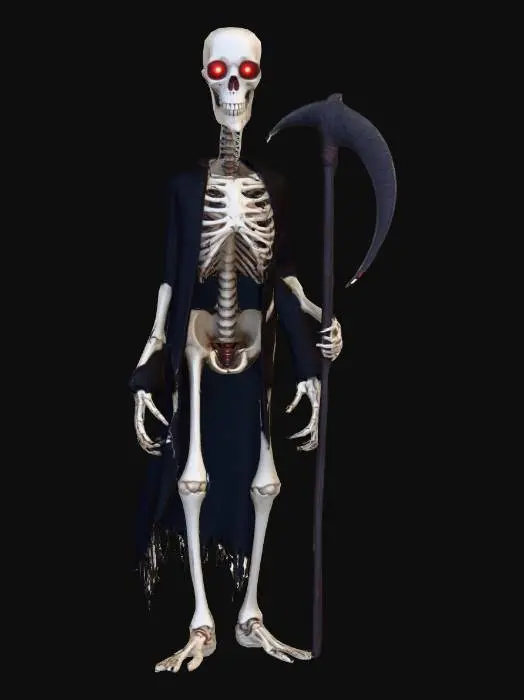 3D model for A tall, skeletal figure with a thin build and red, bright eyes, wearing a long black cardigan and holding a long and scary sickle in his hand.