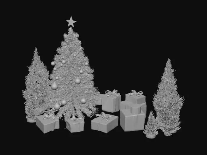 3D model for A beautiful, high-end Christmas decoration scene designed for 3D use: an elegant indoor holiday display featuring a decorated Christmas tree with evenly spaced branches, realistic pine needles, and balanced proportions. Ornaments in gold, champagne, ivory, and crystal are clearly defined and not overcrowded. Warm white string lights are subtle and evenly distributed. Surrounding decorations include wrapped gift boxes, simple evergreen garlands, candles in glass holders, and tasteful ribbon accents. Clean geometry, realistic materials, soft but clear lighting, neutral shadows, physically based rendering (PBR), high detail without excessive clutter, optimized for 3D modeling and real-time environments, no people, no text, centered composition.