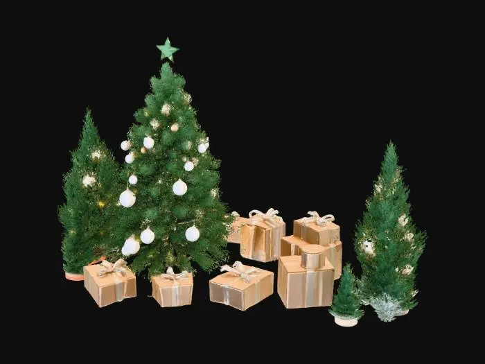 3D model for A beautiful, high-end Christmas decoration scene designed for 3D use: an elegant indoor holiday display featuring a decorated Christmas tree with evenly spaced branches, realistic pine needles, and balanced proportions. Ornaments in gold, champagne, ivory, and crystal are clearly defined and not overcrowded. Warm white string lights are subtle and evenly distributed. Surrounding decorations include wrapped gift boxes, simple evergreen garlands, candles in glass holders, and tasteful ribbon accents. Clean geometry, realistic materials, soft but clear lighting, neutral shadows, physically based rendering (PBR), high detail without excessive clutter, optimized for 3D modeling and real-time environments, no people, no text, centered composition.