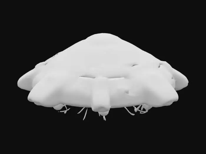 3D model for A large, ominous flying object hovers above a cityscape, covered in a mass of glowing red tendrils and bright lights. The scene is set at night, with shadows of tall buildings framing the image. The atmosphere is eerie, highlighting the surreal presence of the object against a dark sky.