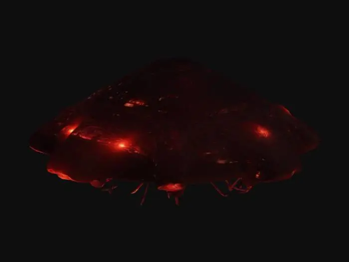 3D model for A large, ominous flying object hovers above a cityscape, covered in a mass of glowing red tendrils and bright lights. The scene is set at night, with shadows of tall buildings framing the image. The atmosphere is eerie, highlighting the surreal presence of the object against a dark sky.