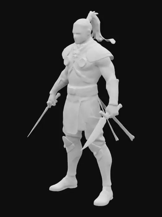 3D model for The object depicts a humanoid male Ninja from the game metin2, dressed in steel, black armor with complex patterns and textures, holding two sharp, daggers with a detailed, fiery pattern. High Steel protective knee-length armored boots. Black hairstyle with a ponytail at the back of the head. The face is completely visible, there is no head covering. Full Body, T-pose, Highly Detailed, Ultra Realistic
