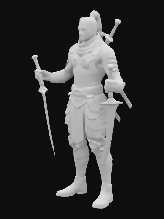 3D model for The object depicts a humanoid male Ninja from the game metin2 wearing steel, black armor with complex patterns and textures, holding two short, sharp, daggers with a detailed, fiery pattern. High Steel protective knee-length armored boots. Black hairstyle with a ponytail at the back of the head. The face is completely visible, there is no head covering. Full Body, T-pose, Highly Detailed, Ultra Realistic