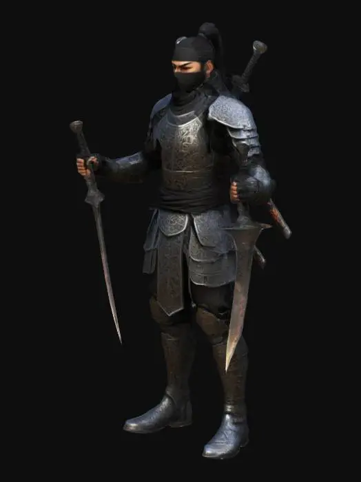 3D model for The object depicts a humanoid male Ninja from the game metin2 wearing steel, black armor with complex patterns and textures, holding two short, sharp, daggers with a detailed, fiery pattern. High Steel protective knee-length armored boots. Black hairstyle with a ponytail at the back of the head. The face is completely visible, there is no head covering. Full Body, T-pose, Highly Detailed, Ultra Realistic