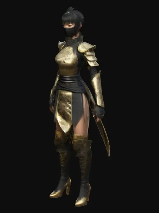 3D model for The object is a female ninja, has a humanoid shape and is dressed in a detailed armor-like outfit. It consists of a short dress 
 short long-sleeved T-shirt, high shoes. The whole is characterized by decorative patterns and metallic textures and a combination of black and gold colors. short black hairstyle,Ultra realistic, T-Pose, HDR, 4k, Highly Detailed