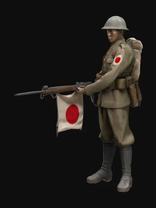 3D model for WW2 Japanese Infantryman with Rifle in hands with flag attached to it.