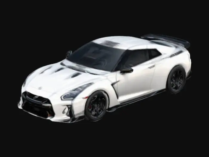3D model for 2022 nissan gtr white with black racing stripes, hyper realistic, racing 
