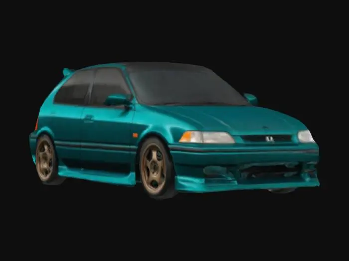 3D model for 1992 honda civic hatchback colored dark teal, with a carbon fiber hood and bronze colored rays rims