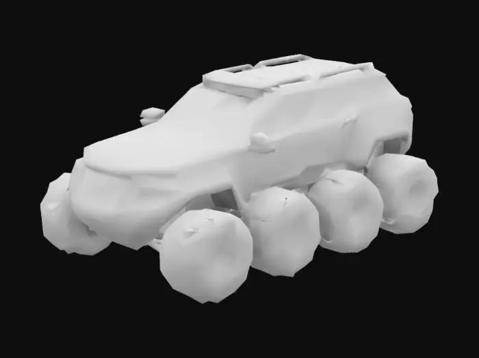 3D model for This futuristic off-road vehicle boasts an eye-catching black and bright orange design, featuring bold, angular lines that exude aggression. Equipped with six rugged tires with deep treads for ultimate traction, it dominates rough terrain. A striking orange bull bar reinforces the front, complemented by a sleek, aerodynamic hood. LED lights line the roof for enhanced visibility. The tinted windows, matte-glossy finish, and grassy hill backdrop emphasize its adventurous spirit.