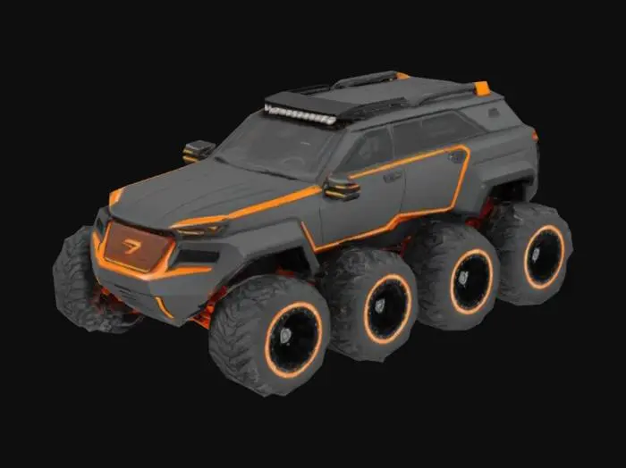 3D model for This futuristic off-road vehicle boasts an eye-catching black and bright orange design, featuring bold, angular lines that exude aggression. Equipped with six rugged tires with deep treads for ultimate traction, it dominates rough terrain. A striking orange bull bar reinforces the front, complemented by a sleek, aerodynamic hood. LED lights line the roof for enhanced visibility. The tinted windows, matte-glossy finish, and grassy hill backdrop emphasize its adventurous spirit.