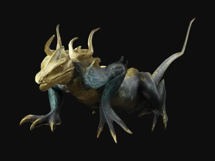 3D model for A majestic basilisk monster, quadrupedal reptilian creature, covered in glossy black scales, multiple golden horns protruding from its head and neck, detailed 3D rendering, ultra realistic textures, cinematic lighting, 8k resolution, octane render, iridescent black scales with intricate patterns
,curved golden horns with metallic shine,
muscular lizard-like body structure,
,menacing reptilian eyes with vertical pupils
,powerful clawed feet
,detailed bone structure visible through the scales