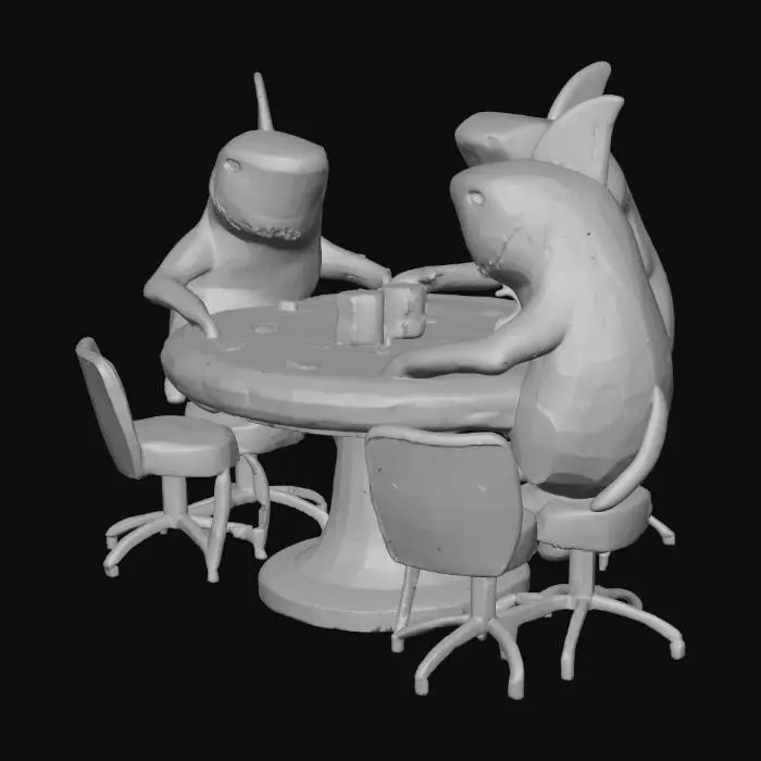 3D model for "A cartoon-style 3D model of four anthropomorphic sharks sitting on chairs around a round poker table. Each shark has a big head, expressive smile, and is holding cards with their fins. The table has poker chips and playing cards on top. The entire scene sits on a circular base for 3D printing. All details should be fused into a single printable object with minimal overhangs, watertight geometry, and no thin parts. Designed for resin or FDM 3D printing. Exaggerated features for clarity in small scale."

