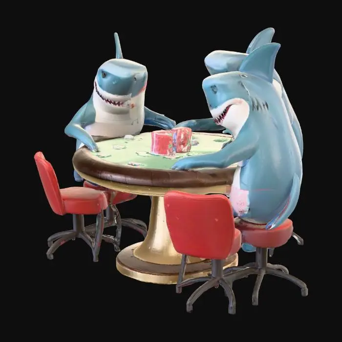 3D model for "A cartoon-style 3D model of four anthropomorphic sharks sitting on chairs around a round poker table. Each shark has a big head, expressive smile, and is holding cards with their fins. The table has poker chips and playing cards on top. The entire scene sits on a circular base for 3D printing. All details should be fused into a single printable object with minimal overhangs, watertight geometry, and no thin parts. Designed for resin or FDM 3D printing. Exaggerated features for clarity in small scale."

