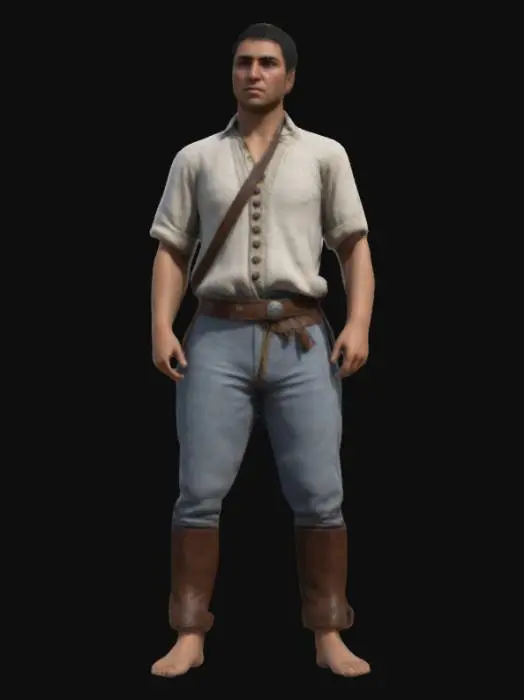 3D model for Create a 1.79m male in symmetrical T-pose, game-ready for Mixamo rigging. Design a DOMINICAN peasant "concho primo ¨from 1800 wearing  Ensure realistic fabric textures and clear fingers/toes positioned .Focus on realistic attire and physique 4K realism with historical accuracy and details from the context of the era. Focus on proportion and authentic military attire. REMEMBER TO CREATE DIFFERENT MODELS ,NAKED AND WITH CLOTHES#realistic#