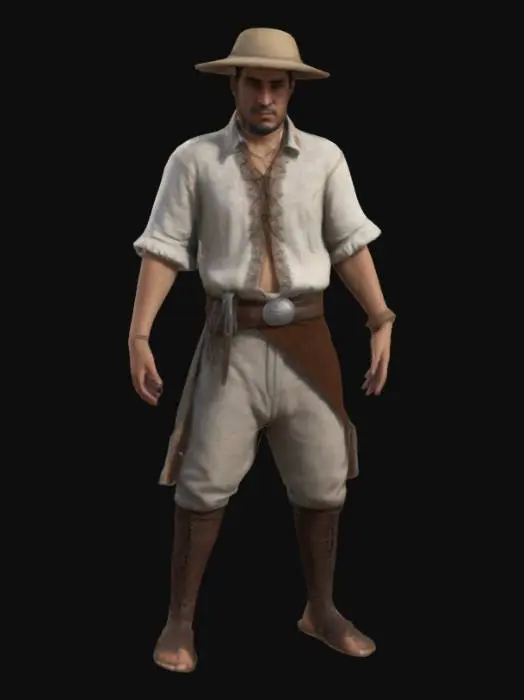 3D model for Create a 1.79m male in symmetrical T-pose, game-ready for Mixamo rigging. Design a DOMINICAN peasant "concho primo ¨from 1800 wearing  Ensure realistic fabric textures and clear fingers/toes positioned .Focus on realistic attire and physique 4K realism with historical accuracy and details from the context of the era. Focus on proportion and authentic military attire. REMEMBER TO CREATE DIFFERENT MODELS ,NAKED AND WITH CLOTHES#realistic#