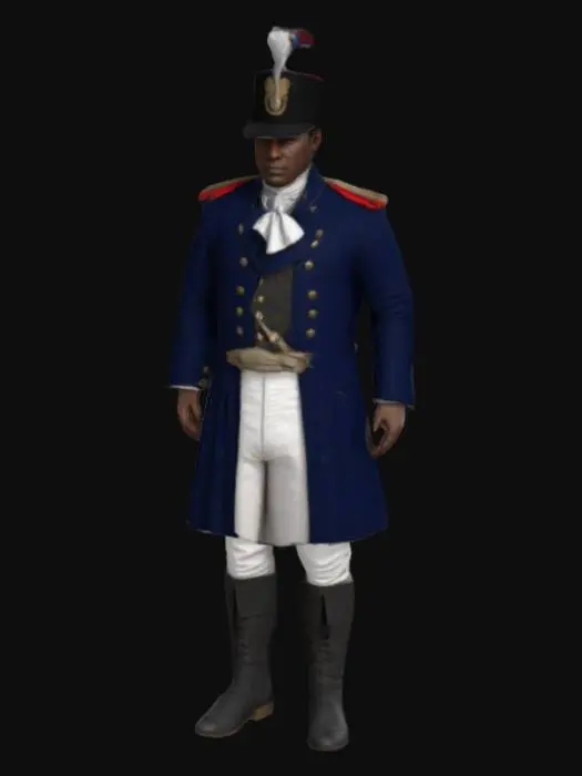 3D model for Create a 1.79m male in symmetrical T-pose, game-ready for Mixamo rigging. Design a HAITIAN general from 1800 wearing a navy jacket black boots, and a short bicorn hat with a small plume. Ensure realistic fabric textures and clear fingers/toes positioned .Focus on realistic attire and physique 4K realism with historical accuracy and details from the context of the era. Focus on proportion and authentic military attire. REMEMBER TO CREATE DIFFERENT MODELS ,NAKED AND WITH CLOTHES#realistic#