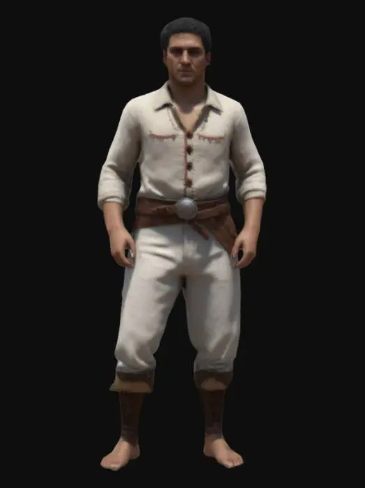 3D model for Create a 1.79m male in symmetrical T-pose, game-ready for Mixamo rigging. Design a DOMINICAN peasant "concho primo ¨from 1800 wearing  Ensure realistic fabric textures and clear fingers/toes positioned .Focus on realistic attire and physique 4K realism with historical accuracy and details from the context of the era. Focus on proportion and authentic military attire. REMEMBER TO CREATE DIFFERENT MODELS ,NAKED AND WITH CLOTHES#realistic#